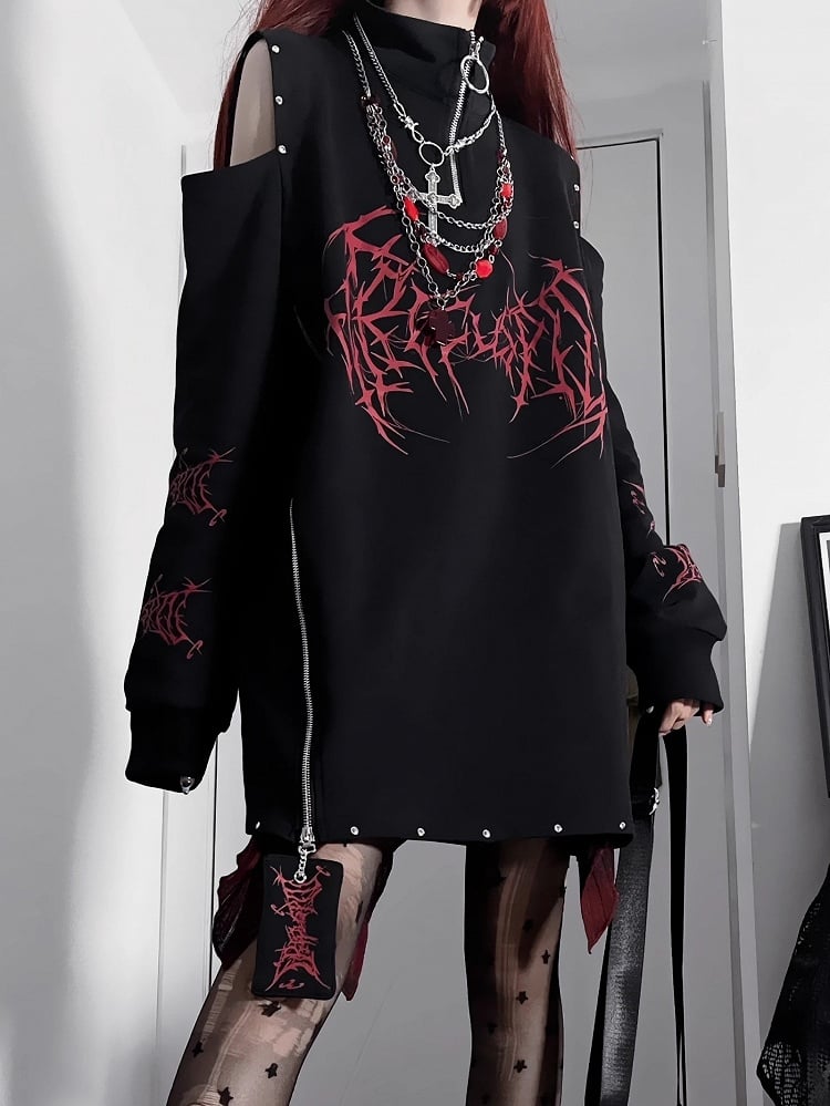 デザインカットアウトスウェットシャツショルダーエモブラックホワイトパンク