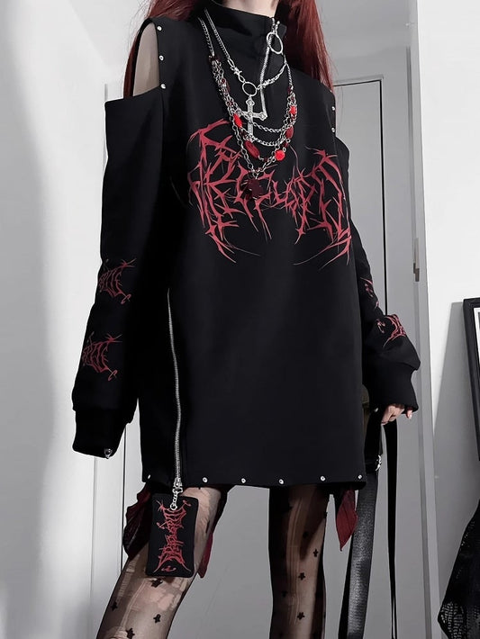 Design Cutout Sweatshirt Shoulder Emo BlackWhite Punk