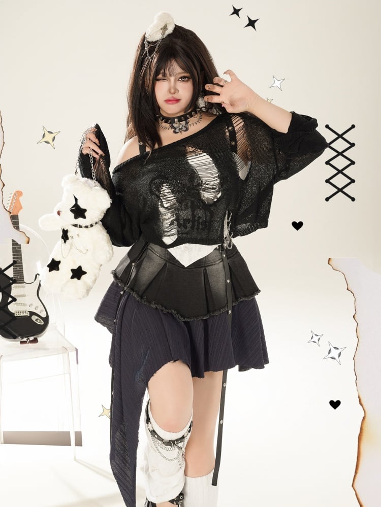 プラスサイズ ブラック ダメージ加工 ホールズ ニット トップス チェーン付き