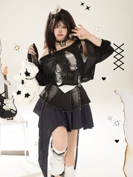 プラスサイズ ブラック ダメージ加工 ホールズ ニット トップス チェーン付き