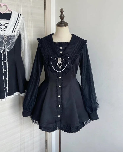 Set: Kei Coord Sleeve Navycore Dress Collar x Long Jirai Matching All-Black Shorts Sailor