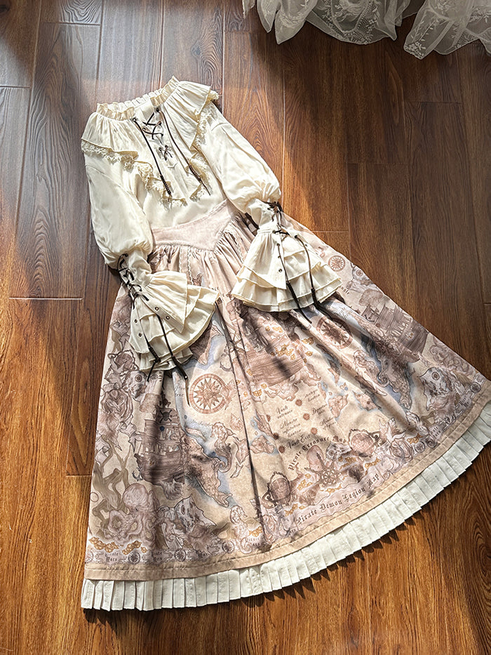 Belt Waist Pirate Lolita Skirt Corset Print Creamy Ship