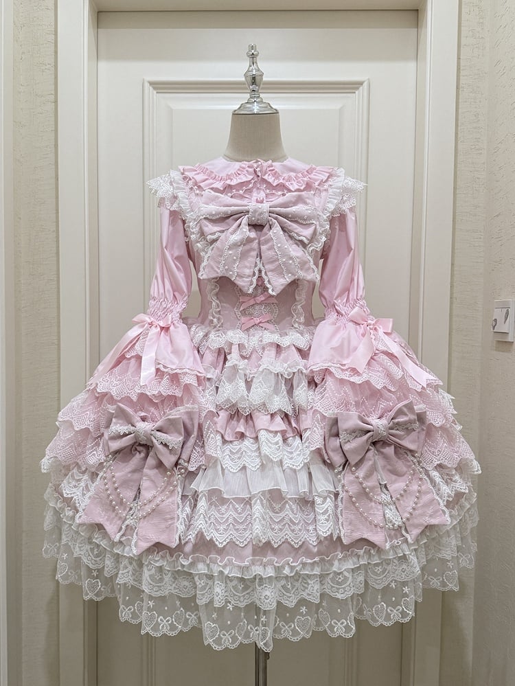 Decoration Tiered Lolita Chain Skirt Hanayome Bead Bows Big Pink Dress
