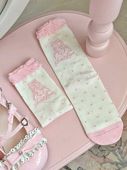 Socks Calf Girl Lolita Pattern Black/Pink Polka-dot Anime