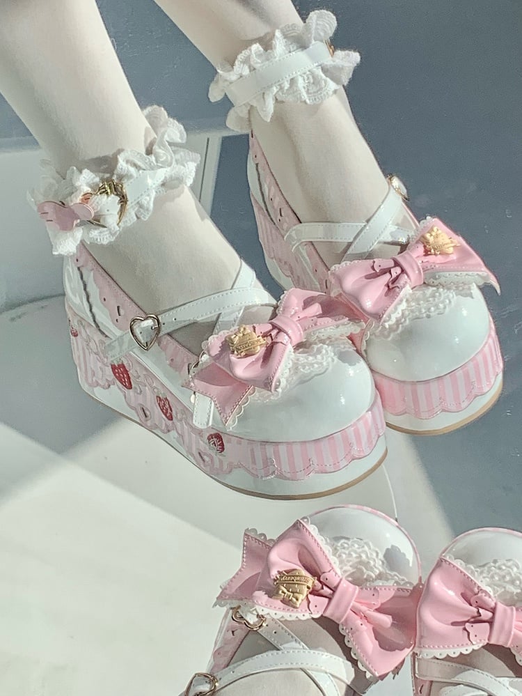 Sweet White Platform Janes Strawberry - Lolita Mary PU Details