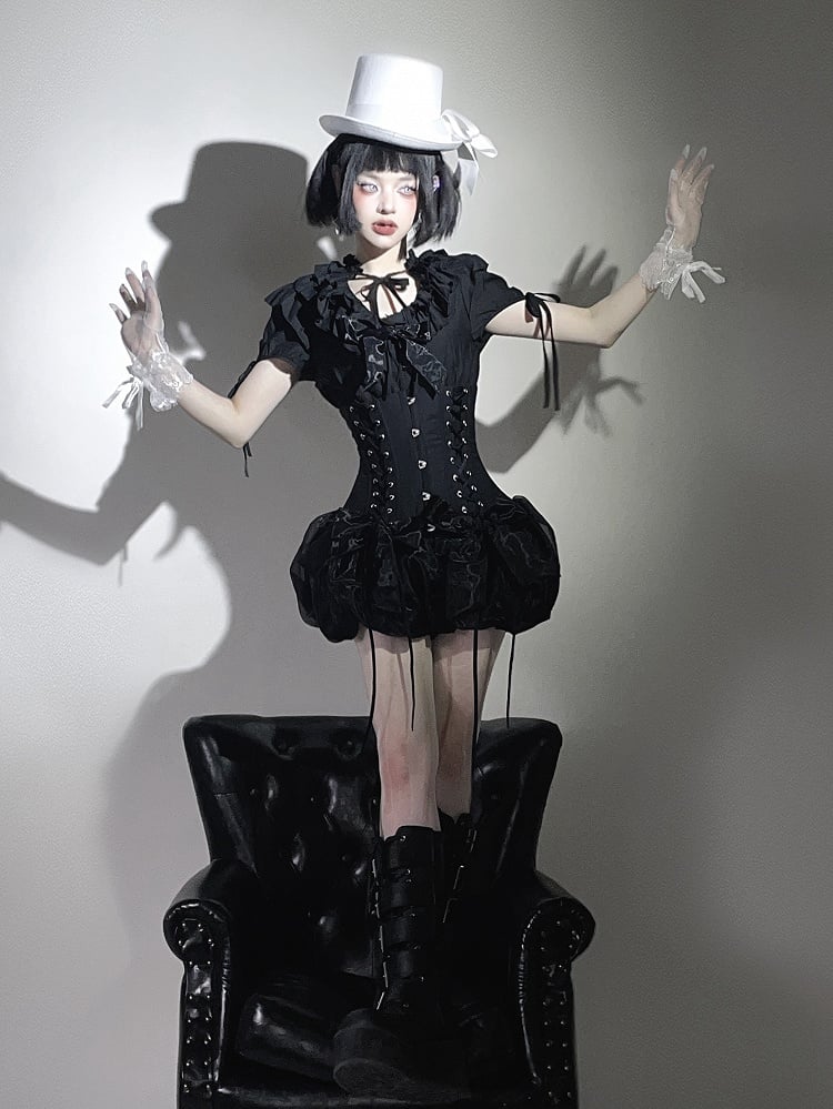 Gothic Layered Neckline Lolita Black with Waist Ruffles Blouse Elastic Smocked