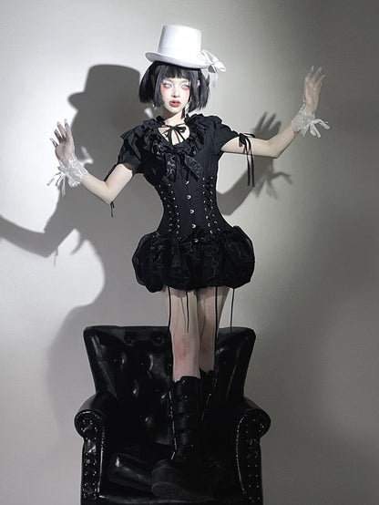 Gothic Layered Neckline Lolita Black with Waist Ruffles Blouse Elastic Smocked