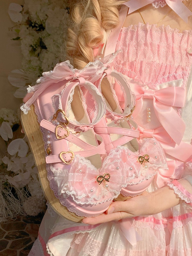 Sakura Pink Removable Bow Train and Bead Chain Hanayome Lolita Platform Shoes