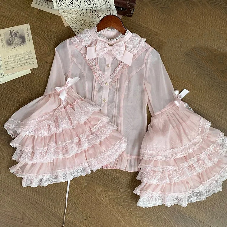 ピンクのロングレイヤードベルスリーブシフォンブラウス