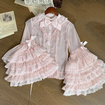 ピンクのロングレイヤードベルスリーブシフォンブラウス