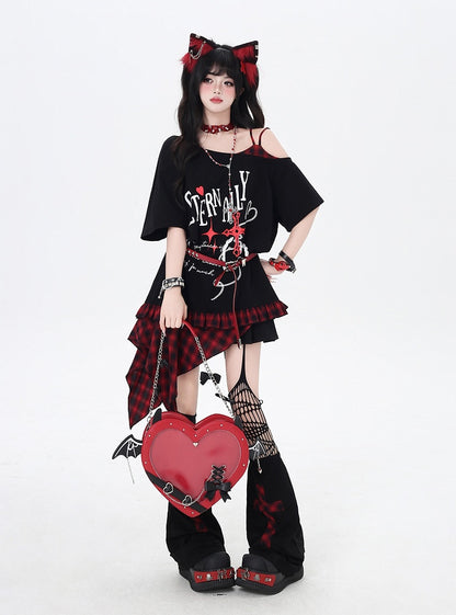 アシンメトリー レッド/パープル チェック柄裾 ブラック パンクロック グラフィック Tシャツ