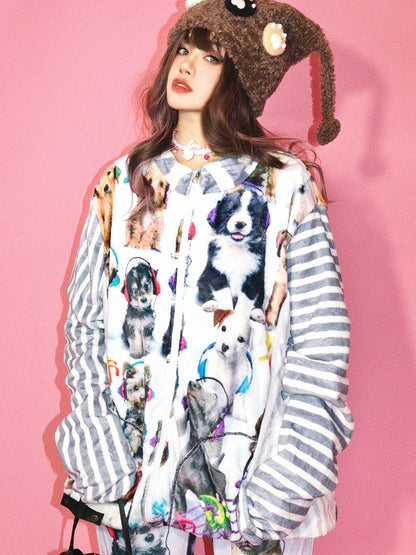 Print Puppy Gyaru Fashion Striped Pattern White Jacket