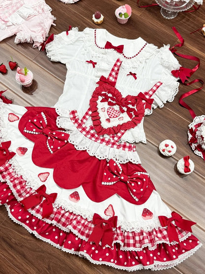 Lolita and Strawberry Red Overall Sweetheart Applique Dress Sweet Print Bows with