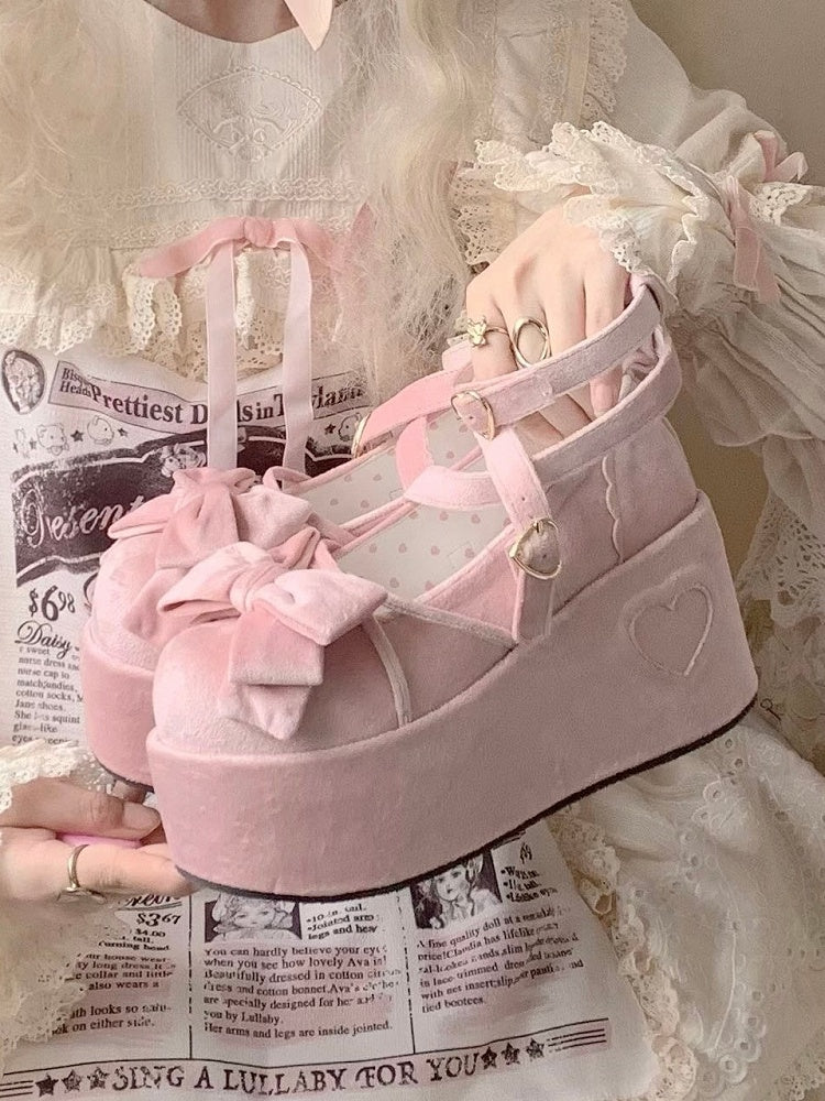 Accents Bow - Sweet Platforms Pink Velvet Lolita