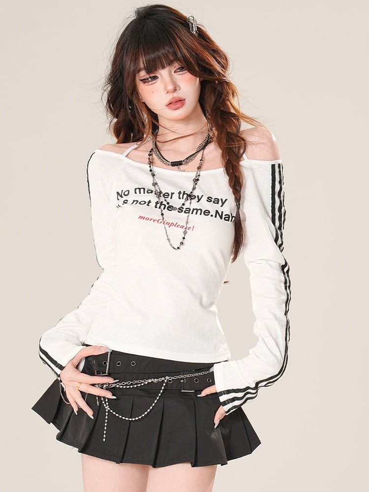 Ausschnitt Off-the-Shoulder Ärmel Letter Print Top Bittersweet Schwarz/Weiß Lang Glamourös