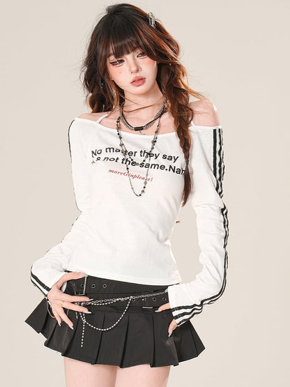 Ausschnitt Off-the-Shoulder Ärmel Letter Print Top Bittersweet Schwarz/Weiß Lang Glamourös