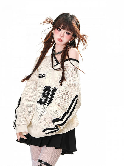 Schwarz/weißes, asymmetrisches Oberteil mit Sonnenschutz und Hohlsaum