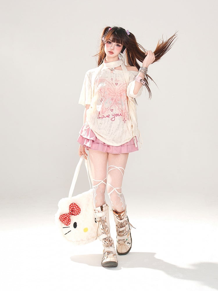 with Butterfly Print Distressed Holes Asymmetrical Apricot T-Shirt Neckline Free Scarf