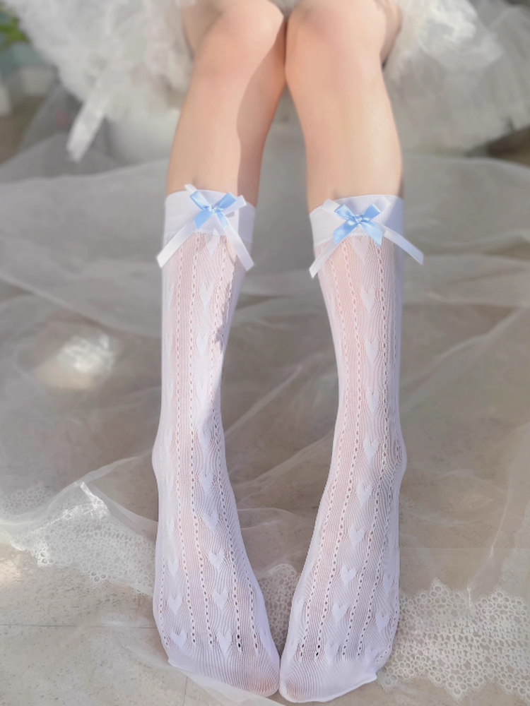 Heart Calf Lace Pattern Style White Socks Blue with Lolita Bows