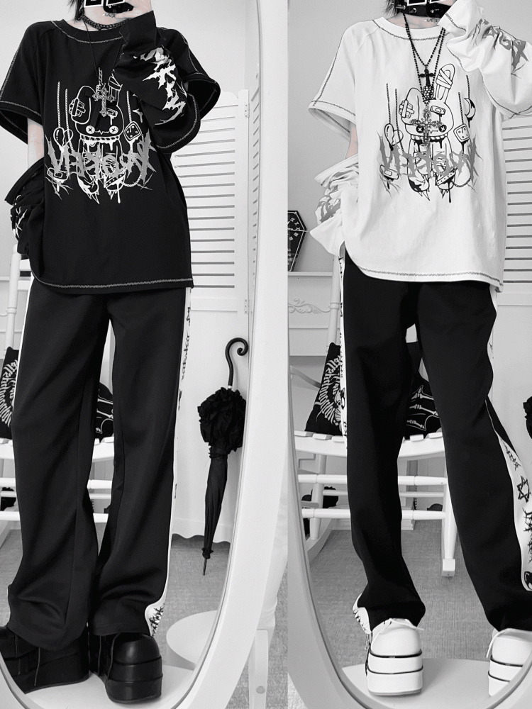 Rabbit with Zippers Top Print Sleeve Black/White Shattered Kei Convertible Jirai