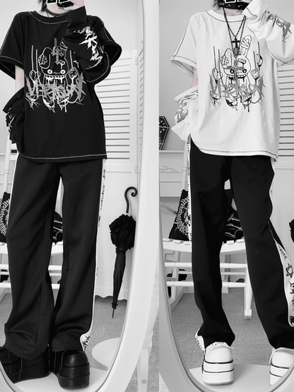 Rabbit with Zippers Top Print Sleeve Black/White Shattered Kei Convertible Jirai