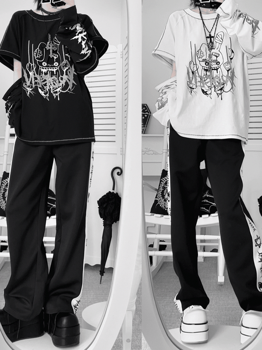 Rabbit with Zippers Top Print Sleeve Black/White Shattered Kei Convertible Jirai