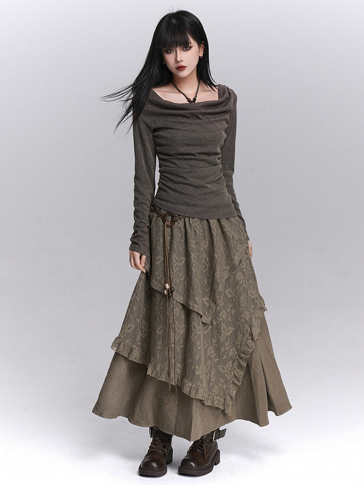 Lace Tiered Elastic Floral Waist Skirt Handkerchief Coffee Hem with