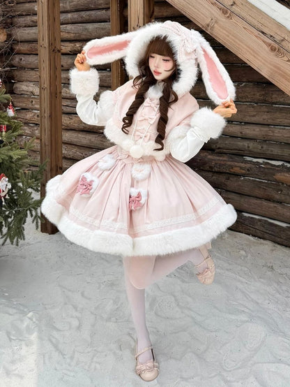 Plush Hooded Trimming Cape Bunny Pink White Winter Ears with