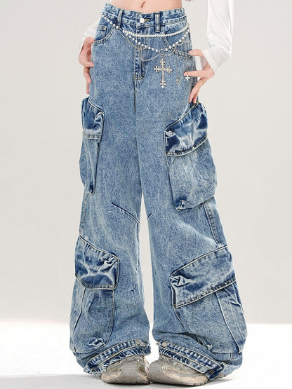 Blue Cargo Pockets Wide-leg Cut Jeans