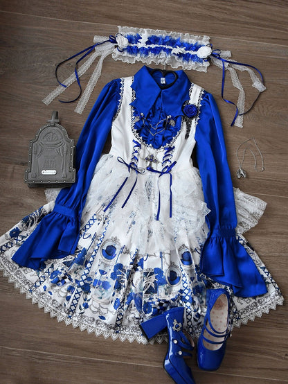 JSK Underbust Tête de Mort Bleue & Blanche avec Toile d'Araignée - Douce Chanson d'Amour