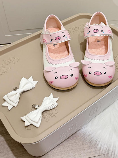 Flats Edge with PU Pink Velcro Detachable Print Bow Scalloped Sweet Piggy - Lolita