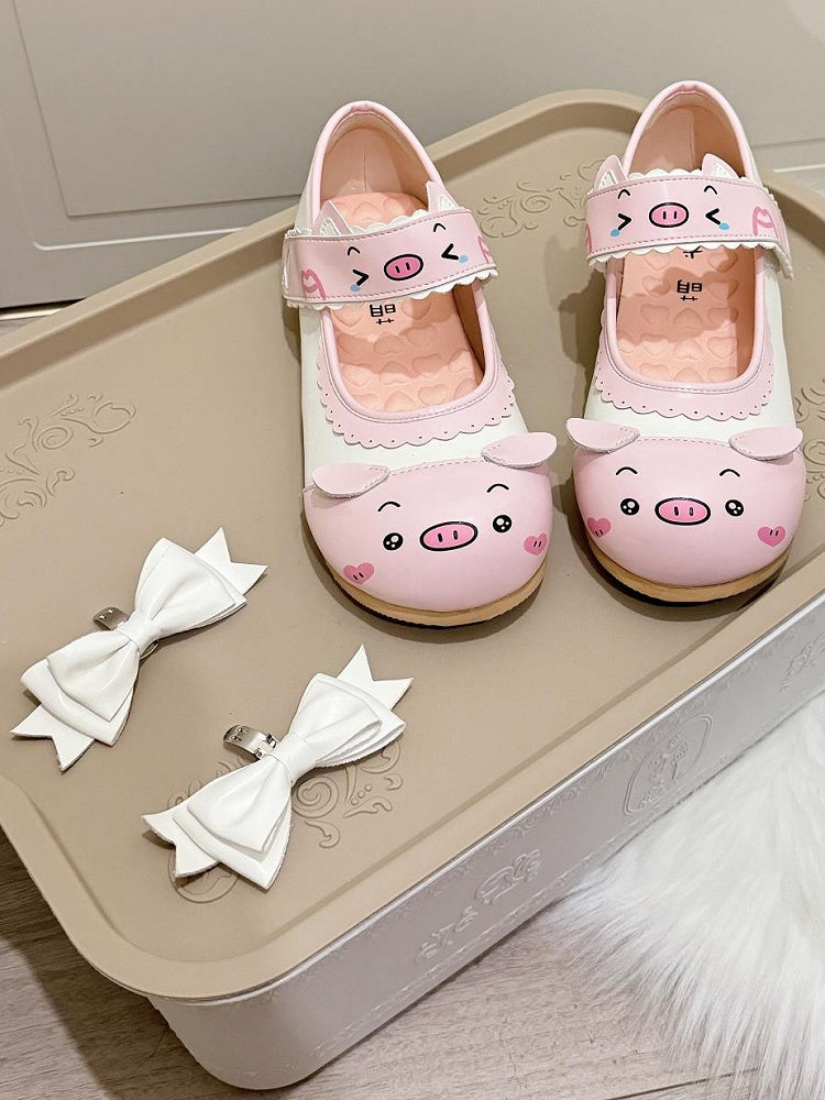 Lolita Detachable Flats Print Edge - Sweet Scalloped PU Bow with Piggy Velcro Pink