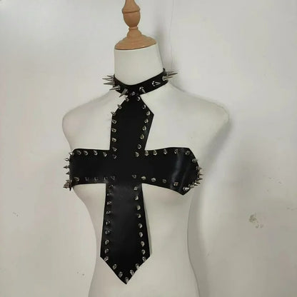 Punk Gothic Rivet Cross Vest PU Leather Strapless Top