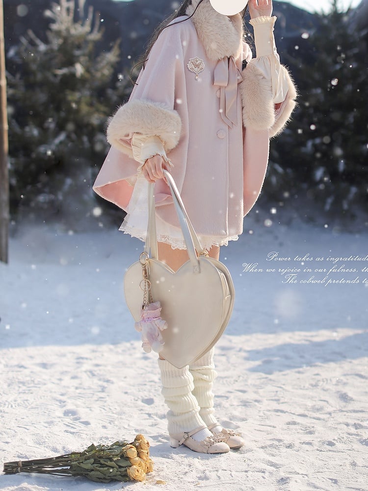 Self-tie Pink Wool Cape Coat with Detachable Shaggy Collar Sweet