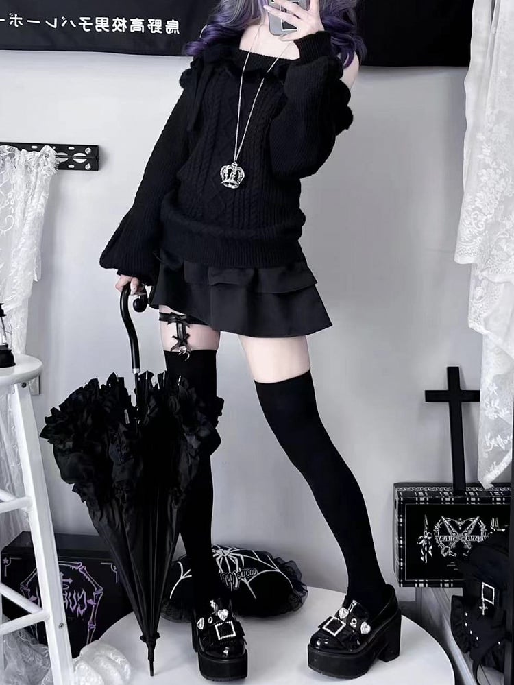 ジライケイ ブラック オフショルダー リボンアクセント ランドマインスタイル セーター