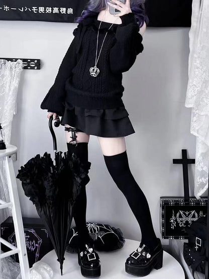 ジライケイ ブラック オフショルダー リボンアクセント ランドマインスタイル セーター