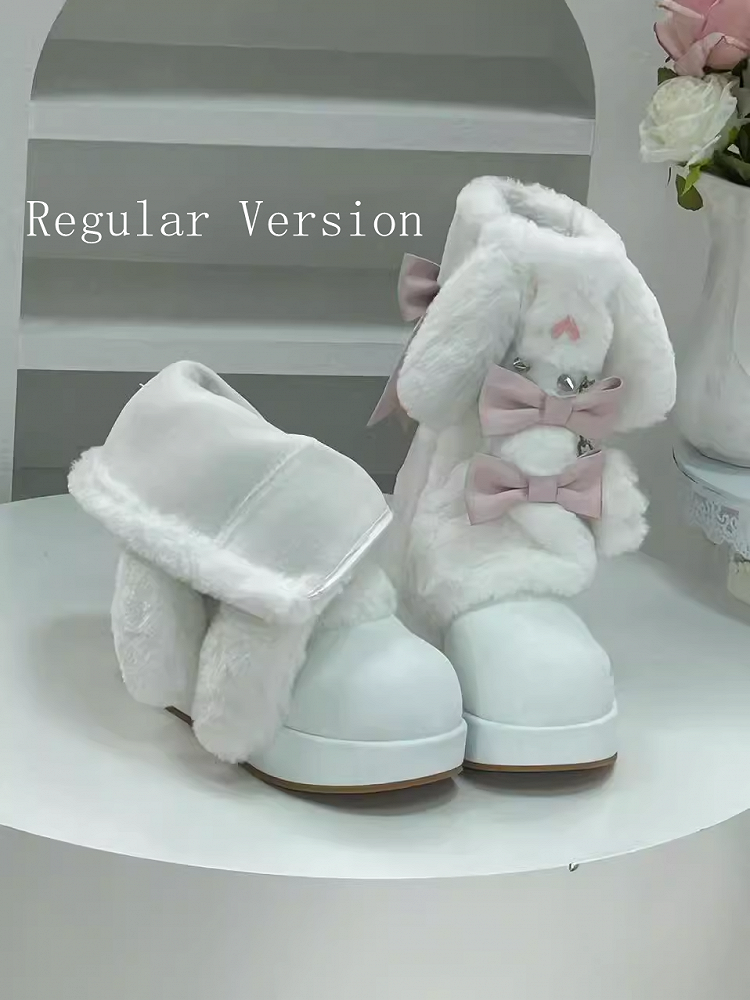 Sweet and Bunny - Regular/Fleece-Lined Studs Winter Bows Ear Boots Platform Version with White