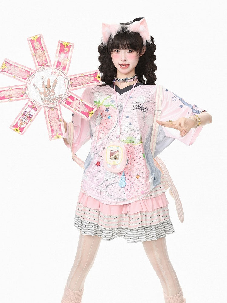 Pink Strawberry Print V-Neck Short Sleeve Jersey Tee