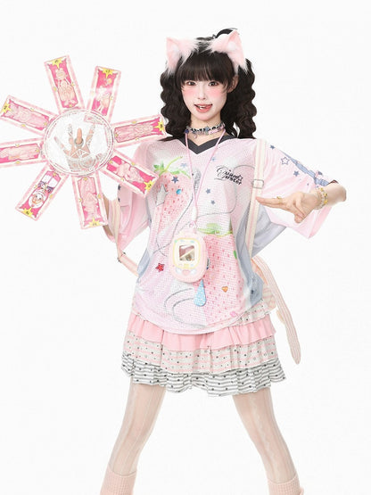 Pink Strawberry Print V-Neck Short Sleeve Jersey Tee