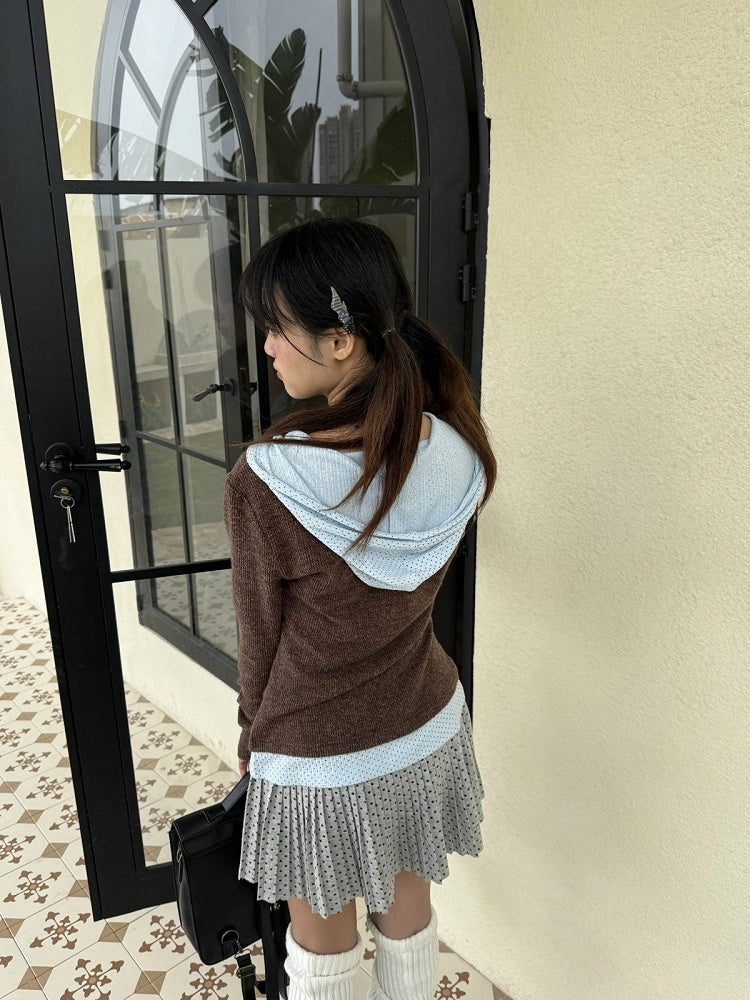 A-line Embroidery Skirt with Striped Short Polka-dot Knit