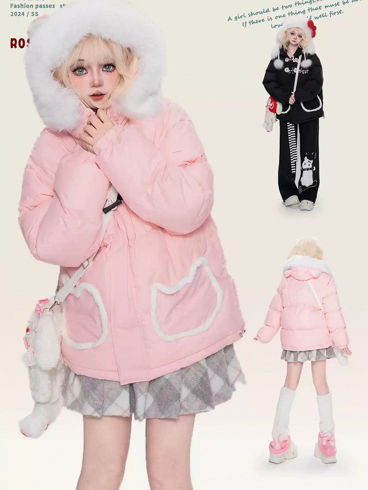 Black/Pink Letters Cat Ears Design Hooded Puffer Jacket