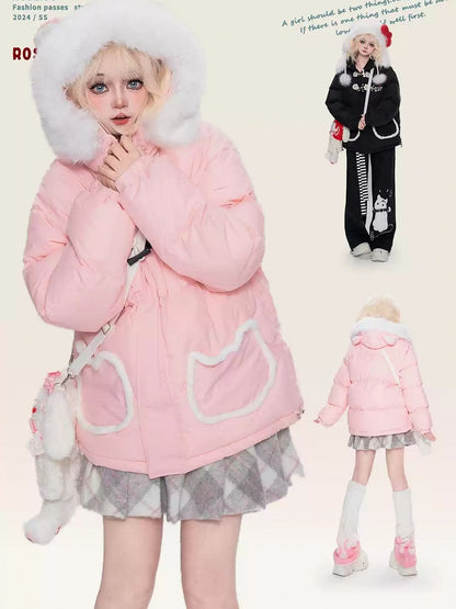 Black/Pink Letters Cat Ears Design Hooded Puffer Jacket