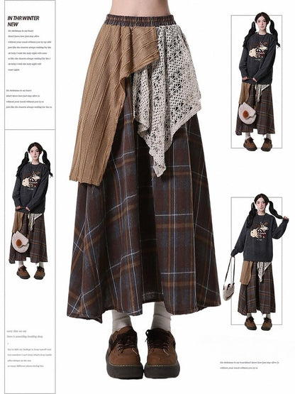 Design Skirt Coffee Maxi Patchwork with Kei Mori Plaid Asymmetrical
