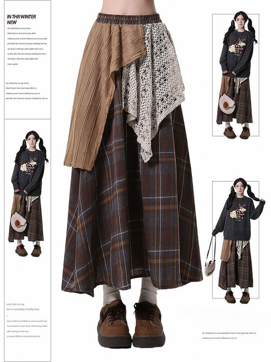 Design Skirt Coffee Maxi Patchwork with Kei Mori Plaid Asymmetrical