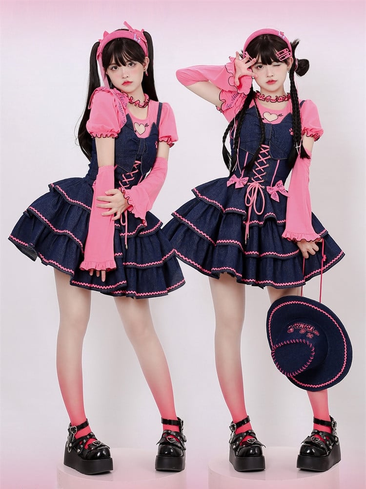 Navy Blue Lace-up Detail Sweet Bow Accents Tiered Skirt Denim Slip Dress