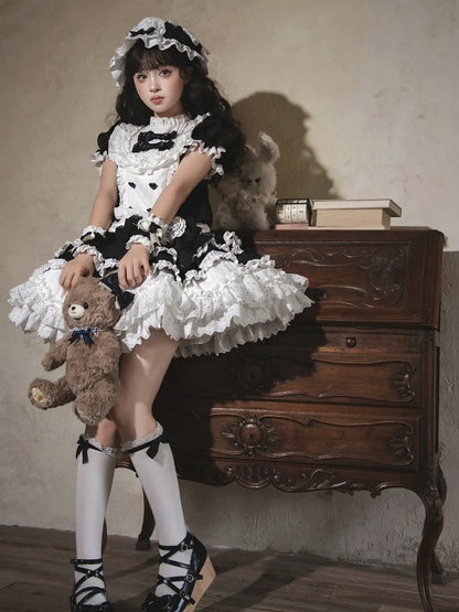 Black Embroidery Ruffle Neckline Layered and Sweet Lolita with Lamb White Bow Dress Accents