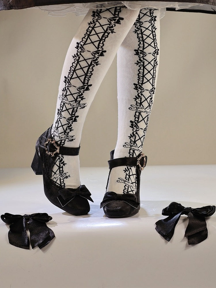 Black with Bow Elegant Block Accented Heel Lolita High