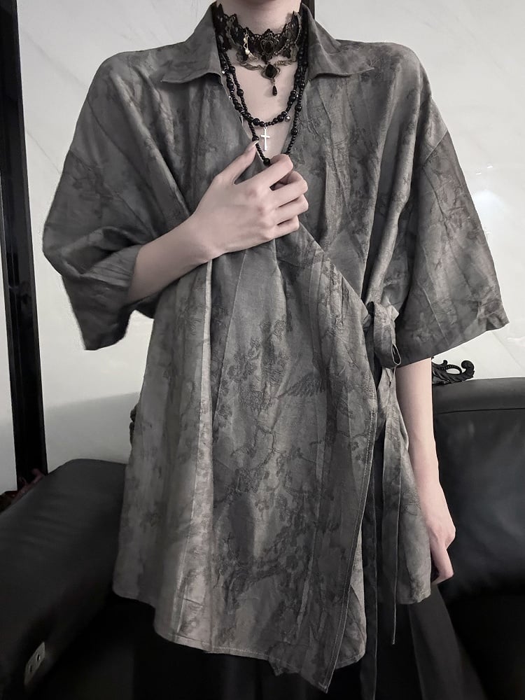 Shirt Plum Short Style Blossom Cheongsam Self-tie Print Belt Sleeve with
