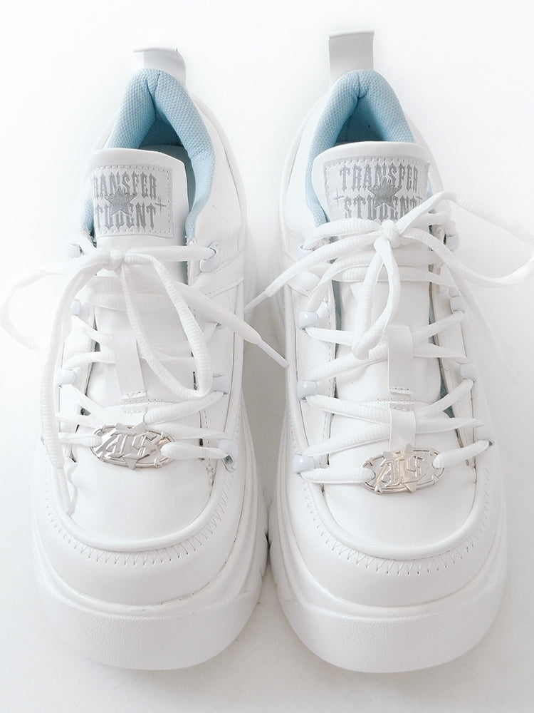 Leather Kei Sneakers in Classic Matte White Platform Lacing with PU System Jirai