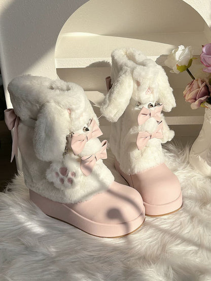 Winter Studded Edgy Ear Bunny Boots Regular Platform Sweet / Version Pink Fleece-Lined